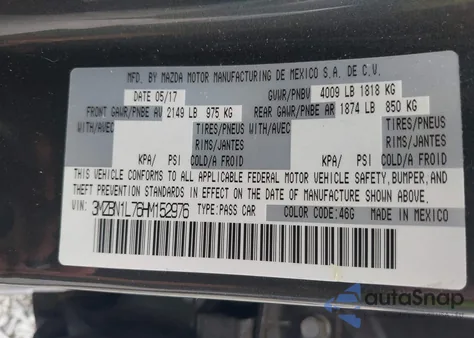 2017 Mazda Mazda3 Touring from USA, damaged, VIN 3MZBN1L76HM152976